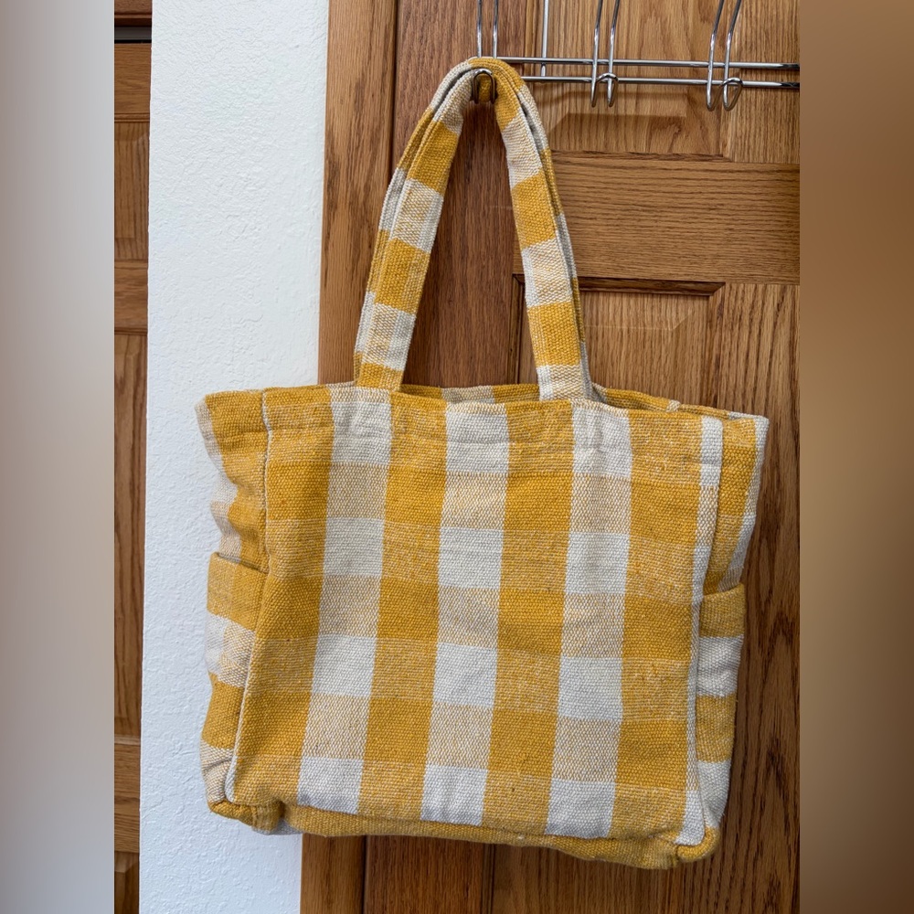 Cost Plus World Market Yellow and Cream Checkered Tote